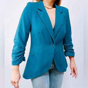 ModCloth teal jersey blazer 3X stretch ruched sleeve professional woman office